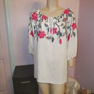 Anthropologie Kindred Floral Embroidered Peasant Top Size 2X Tunic Puff Sleeve